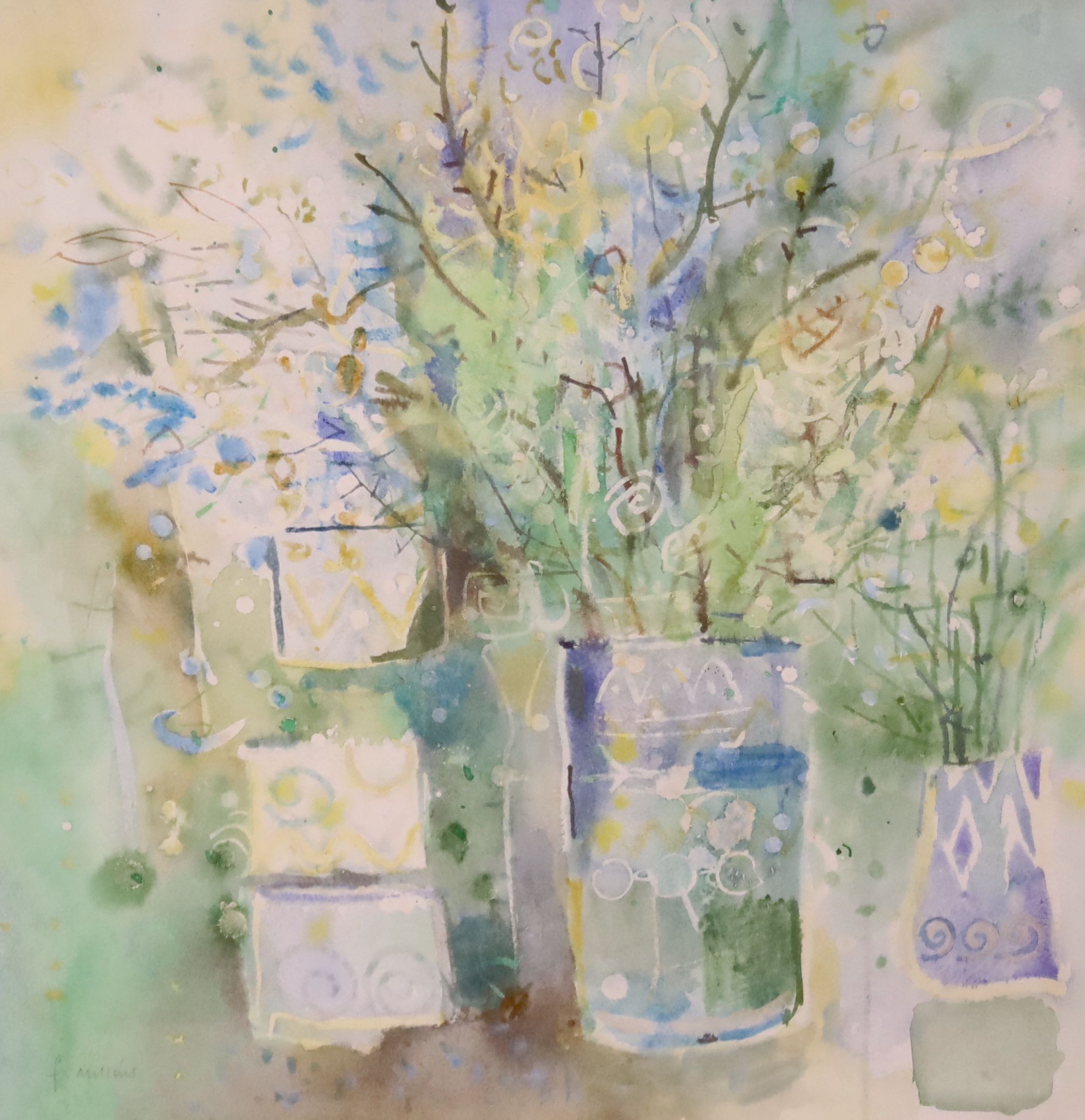 F. Millais, watercolour, Still life of flowers in vases, signed, 48 x 48cm